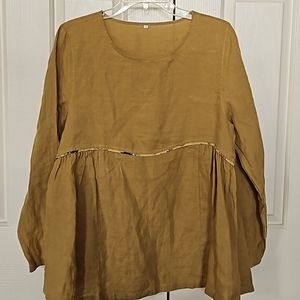 100% Linen Top Mustard Long Sleeve with trim under breast